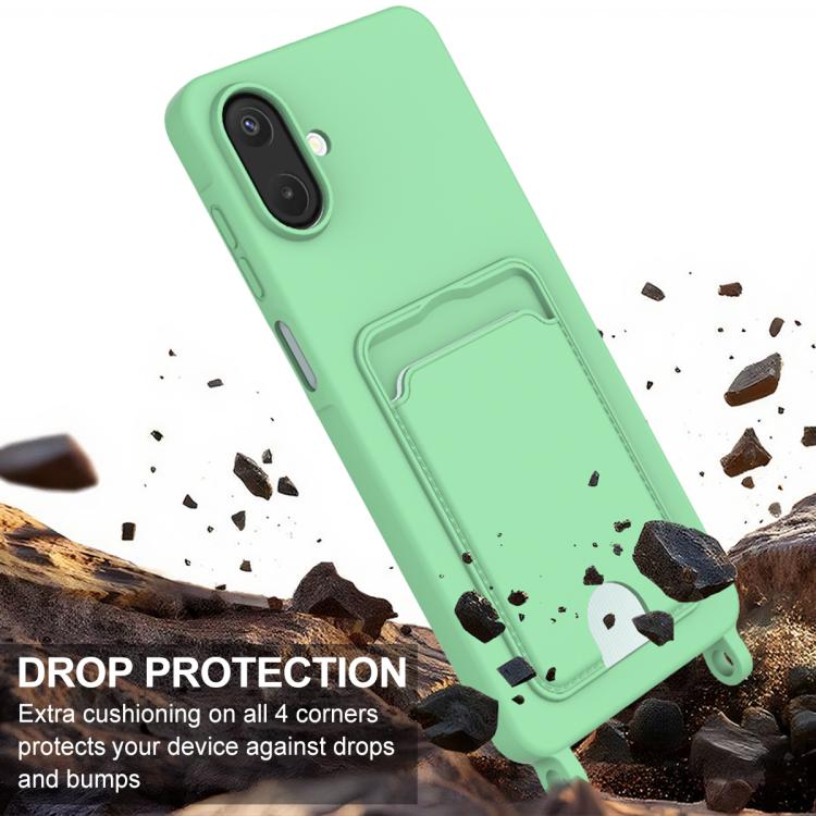 For Samsung Galaxy A07 / M17e / F07e Integrated Card Bag Solid Color Liquid Silicone Phone Case Gen2 with Short Lanyard