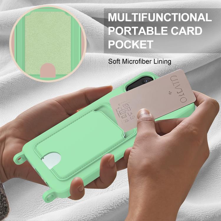 For Samsung Galaxy A07 / M17e / F07e Integrated Card Bag Solid Color Liquid Silicone Phone Case Gen2 with Short Lanyard