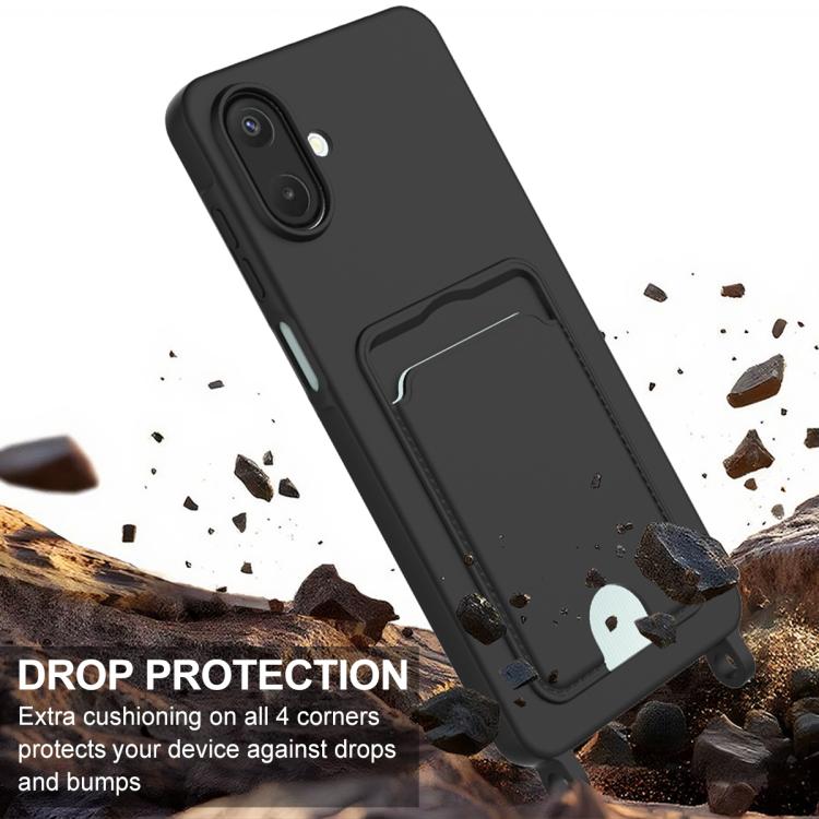 For Samsung Galaxy A07 / M17e / F07e Integrated Card Bag Solid Color Liquid Silicone Phone Case Gen2 with Short Lanyard
