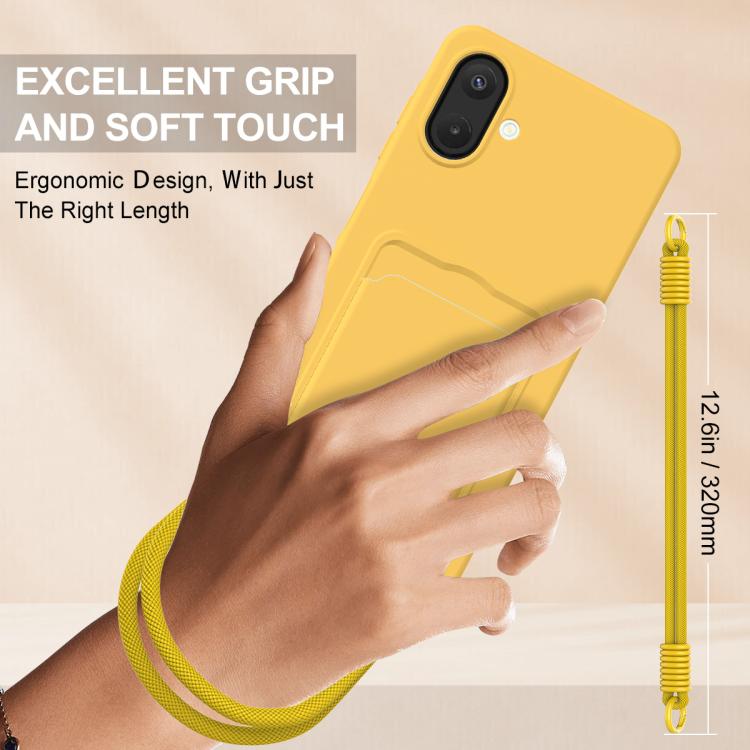 For Samsung Galaxy A07 / M17e / F07e Integrated Card Bag Solid Color Liquid Silicone Phone Case Gen2 with Short Lanyard
