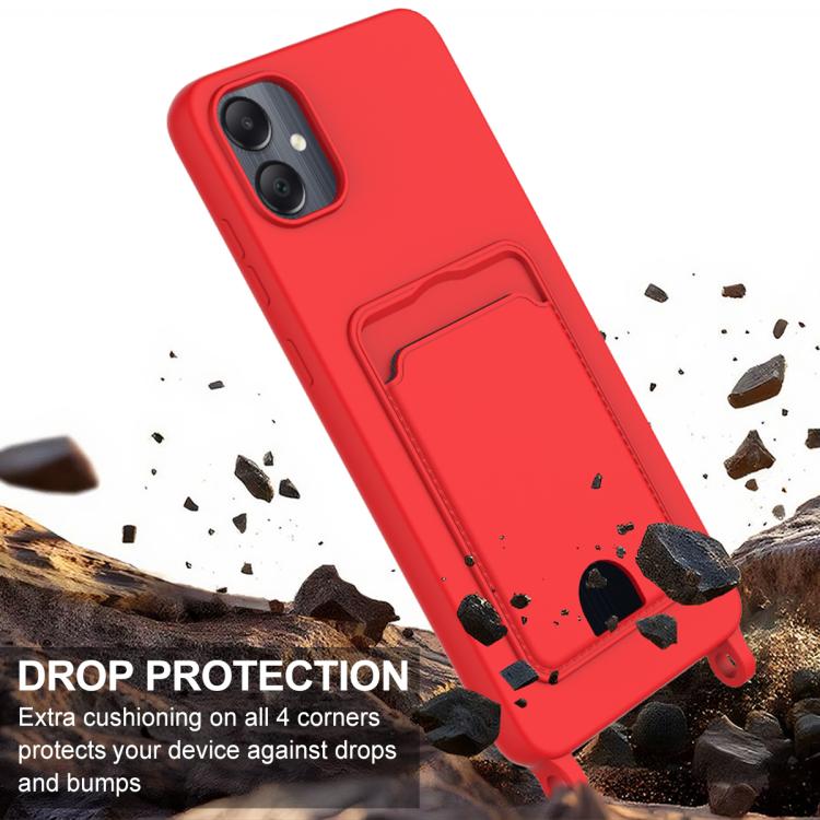 For Samsung Galaxy A05 / M05 / F05 4G Integrated Card Bag Solid Color Liquid Silicone Phone Case Gen2 with Short Lanyard