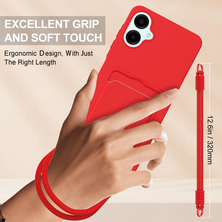 For Samsung Galaxy A06 4G Integrated Card Bag Solid Color Liquid Silicone Phone Case Gen2 with Short Lanyard