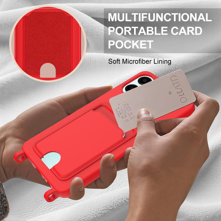 For Samsung Galaxy A06 4G Integrated Card Bag Solid Color Liquid Silicone Phone Case Gen2 with Short Lanyard