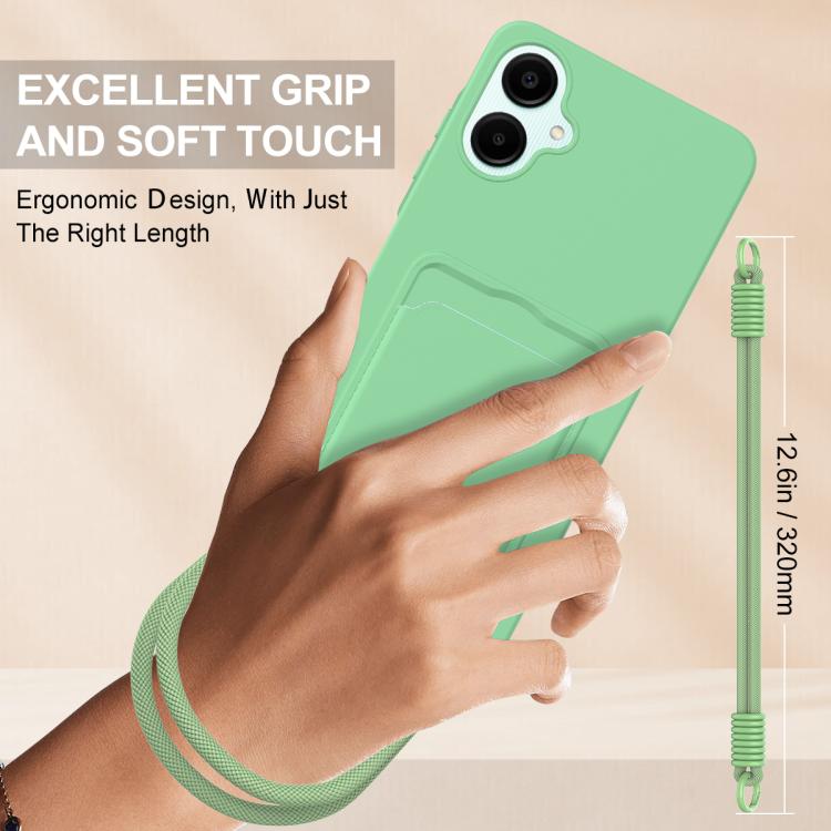 For Samsung Galaxy A06 4G Integrated Card Bag Solid Color Liquid Silicone Phone Case Gen2 with Short Lanyard