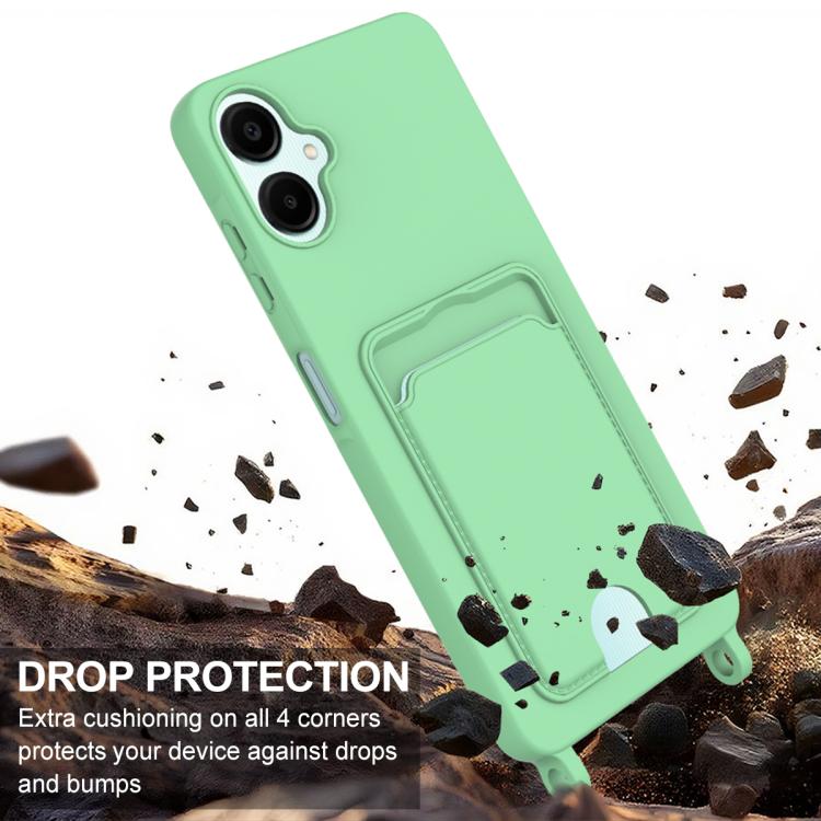 For Samsung Galaxy A06 4G Integrated Card Bag Solid Color Liquid Silicone Phone Case Gen2 with Short Lanyard