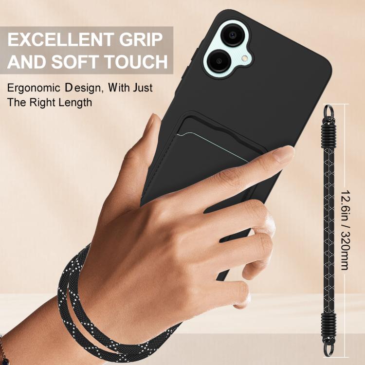 For Samsung Galaxy A06 4G Integrated Card Bag Solid Color Liquid Silicone Phone Case Gen2 with Short Lanyard