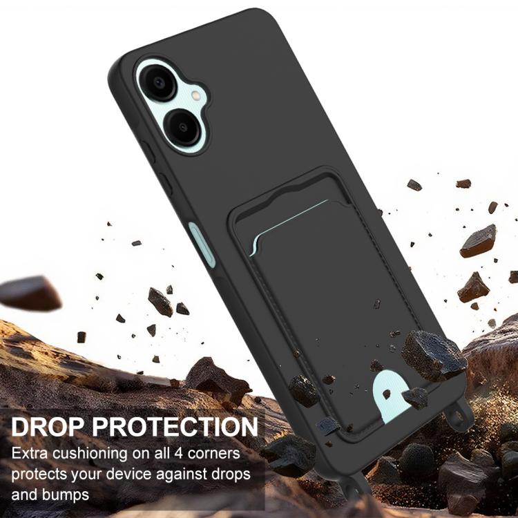 For Samsung Galaxy A06 4G Integrated Card Bag Solid Color Liquid Silicone Phone Case Gen2 with Short Lanyard