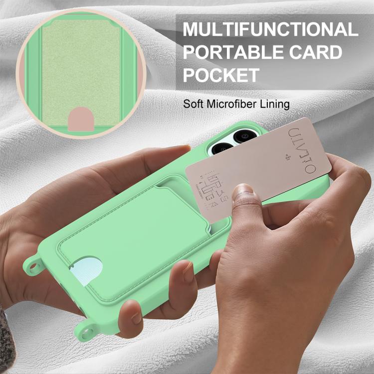 For Samsung Galaxy A06 5G Integrated Card Bag Solid Color Liquid Silicone Phone Case Gen2 with Short Lanyard