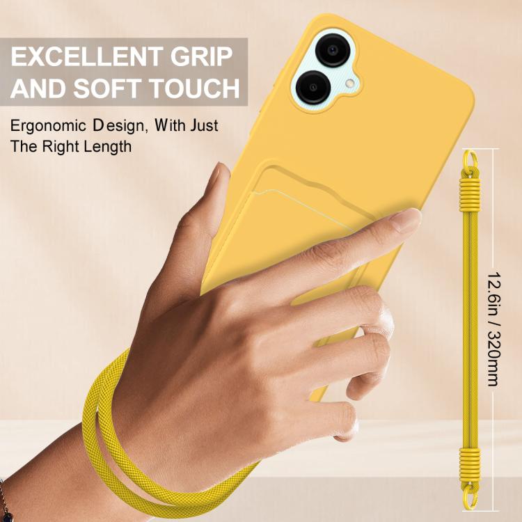 For Samsung Galaxy A06 5G Integrated Card Bag Solid Color Liquid Silicone Phone Case Gen2 with Short Lanyard