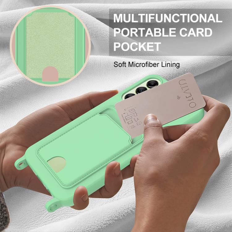 For Samsung Galaxy A14 4G / 5G Integrated Card Bag Solid Color Liquid Silicone Phone Case Gen2 with Short Lanyard