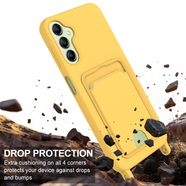 For Samsung Galaxy A14 4G / 5G Integrated Card Bag Solid Color Liquid Silicone Phone Case Gen2 with Short Lanyard