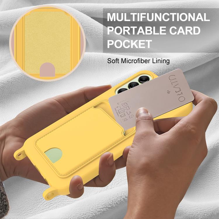 For Samsung Galaxy A14 4G / 5G Integrated Card Bag Solid Color Liquid Silicone Phone Case Gen2 with Short Lanyard