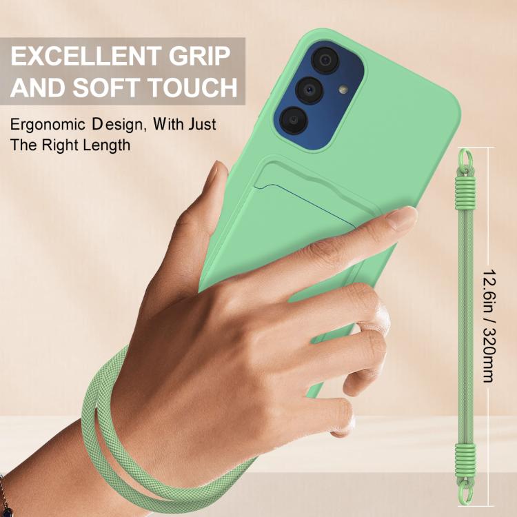 For Samsung Galaxy A15 4G / 5G Integrated Card Bag Solid Color Liquid Silicone Phone Case Gen2 with Short Lanyard