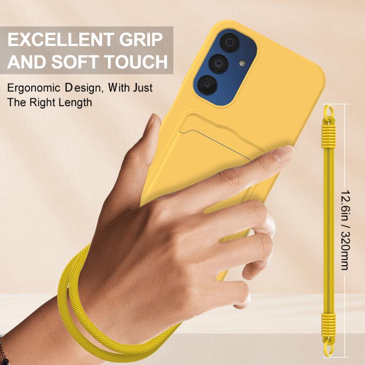 For Samsung Galaxy A15 4G / 5G Integrated Card Bag Solid Color Liquid Silicone Phone Case Gen2 with Short Lanyard