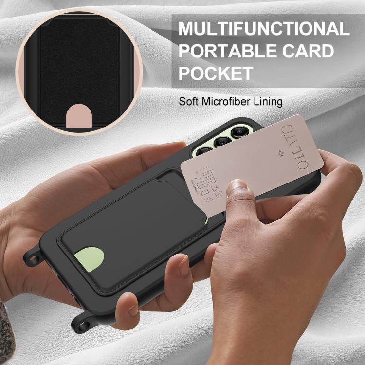 For Samsung Galaxy A16 4G / 5G Integrated Card Bag Solid Color Liquid Silicone Phone Case Gen2 with Short Lanyard
