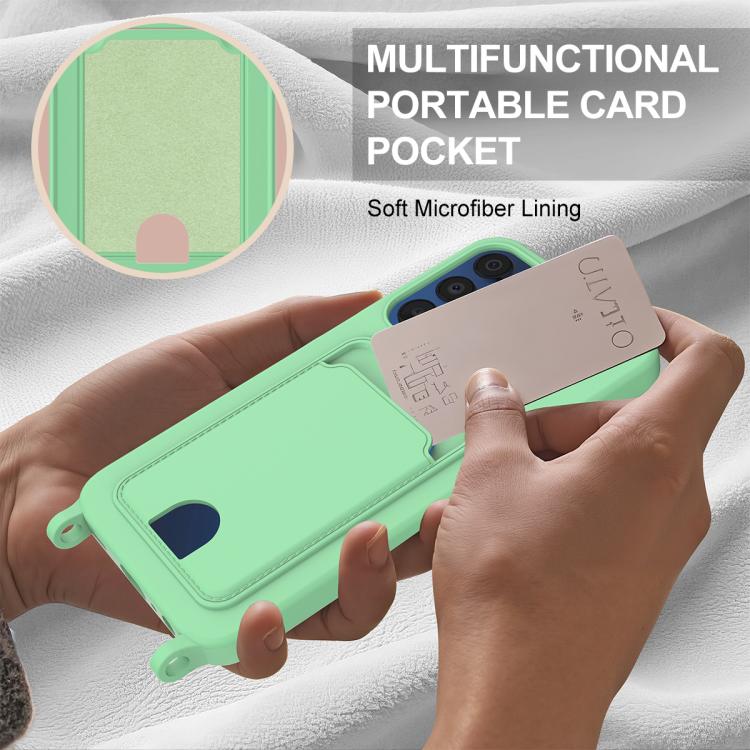 For Samsung Galaxy A54 5G Integrated Card Bag Solid Color Liquid Silicone Phone Case Gen2 with Short Lanyard