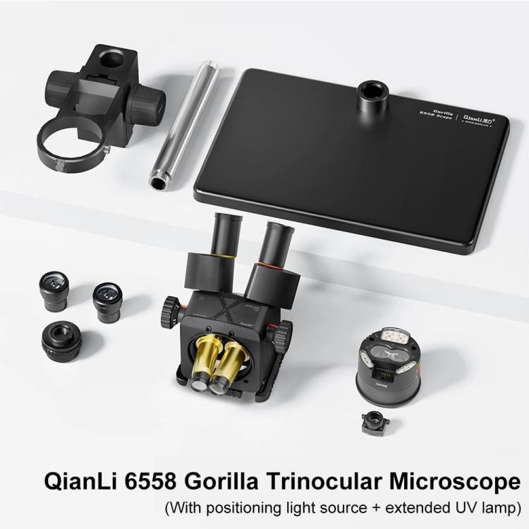 QianLi 6558 6.5X-58X Gorilla Trinocular Microscope with Light Source + UV Lamp, Plug:EU Plug