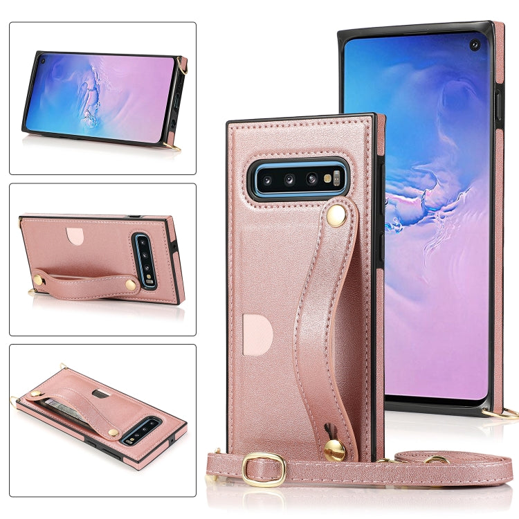 For Samsung Galaxy S10 Wrist Strap PU+TPU Shockproof Protective Case with Crossbody Lanyard & Holder & Card Slot