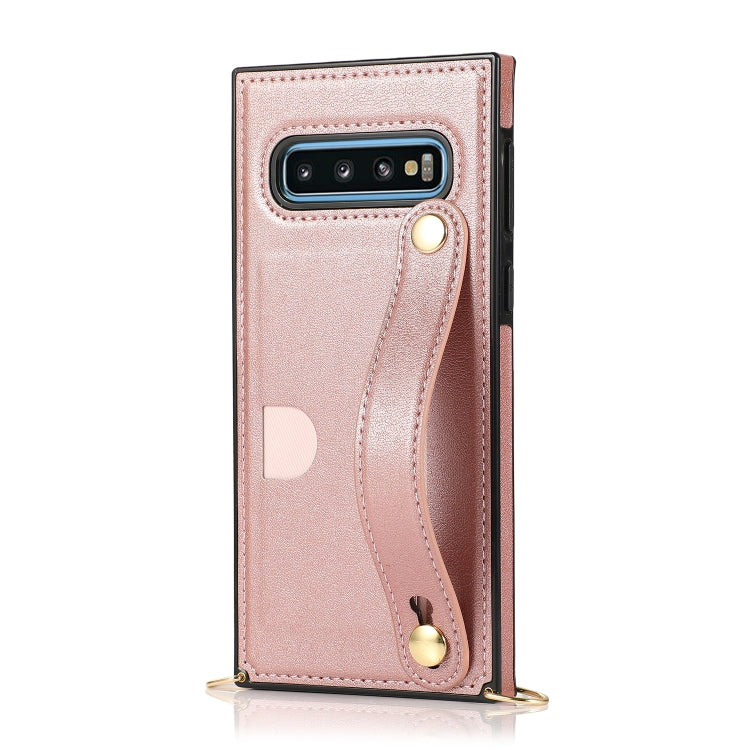 For Samsung Galaxy S10 Wrist Strap PU+TPU Shockproof Protective Case with Crossbody Lanyard & Holder & Card Slot
