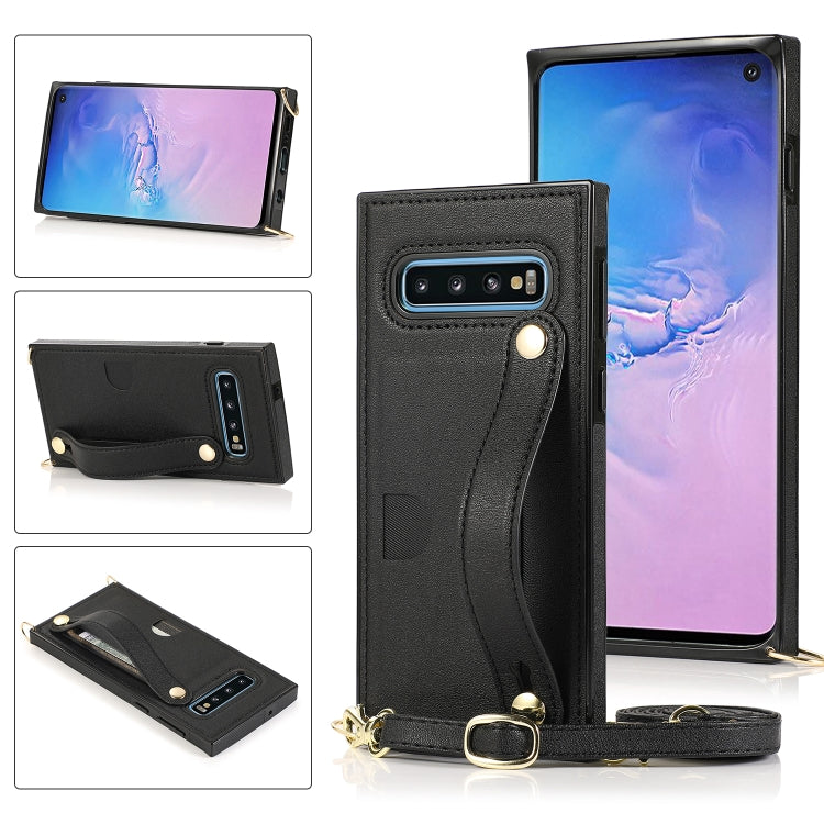 For Samsung Galaxy S10 Wrist Strap PU+TPU Shockproof Protective Case with Crossbody Lanyard & Holder & Card Slot