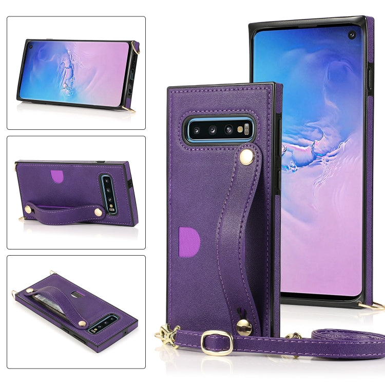 For Samsung Galaxy S10 Wrist Strap PU+TPU Shockproof Protective Case with Crossbody Lanyard & Holder & Card Slot