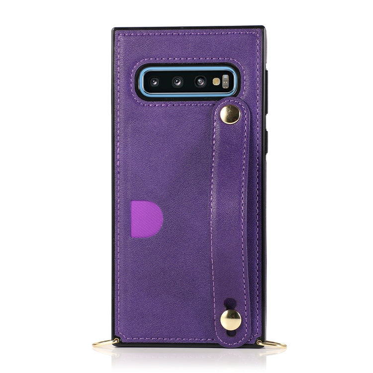 For Samsung Galaxy S10 Wrist Strap PU+TPU Shockproof Protective Case with Crossbody Lanyard & Holder & Card Slot
