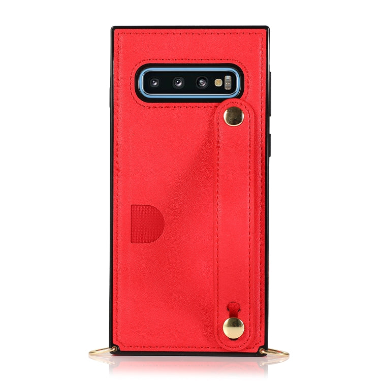 For Samsung Galaxy S10 Wrist Strap PU+TPU Shockproof Protective Case with Crossbody Lanyard & Holder & Card Slot