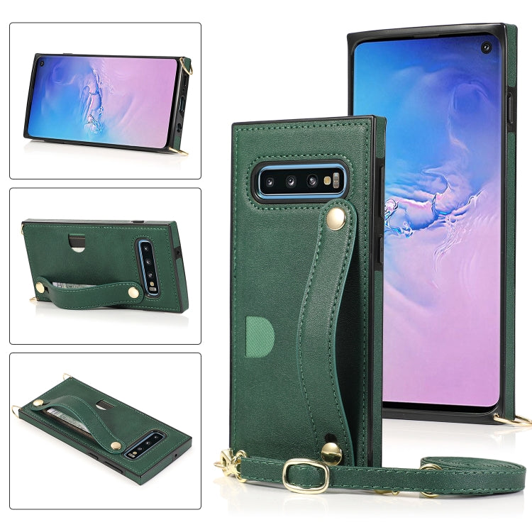 For Samsung Galaxy S10e Wrist Strap PU+TPU Shockproof Protective Case with Crossbody Lanyard & Holder & Card Slot