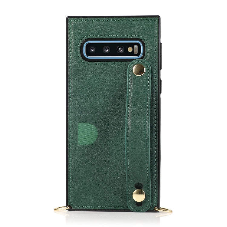 For Samsung Galaxy S10e Wrist Strap PU+TPU Shockproof Protective Case with Crossbody Lanyard & Holder & Card Slot