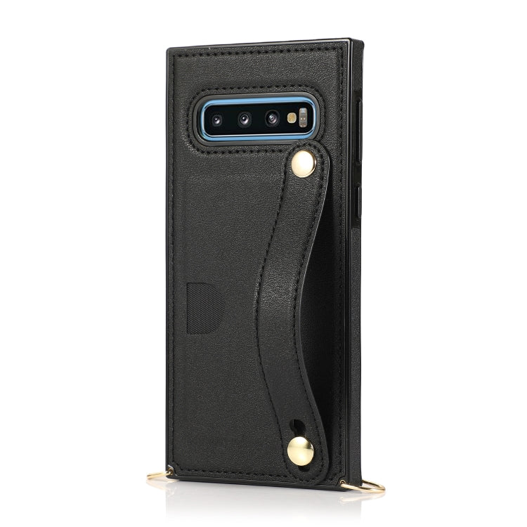 For Samsung Galaxy S10e Wrist Strap PU+TPU Shockproof Protective Case with Crossbody Lanyard & Holder & Card Slot