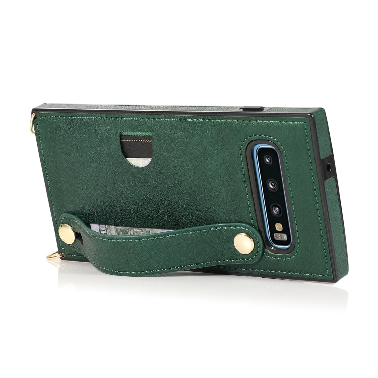 For Samsung Galaxy S10e Wrist Strap PU+TPU Shockproof Protective Case with Crossbody Lanyard & Holder & Card Slot