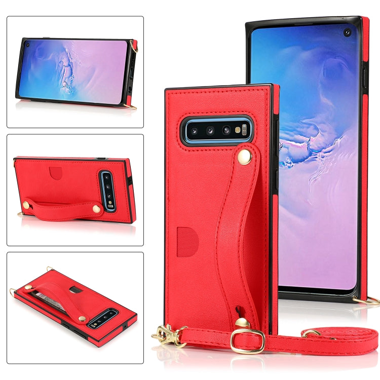 For Samsung Galaxy S10e Wrist Strap PU+TPU Shockproof Protective Case with Crossbody Lanyard & Holder & Card Slot