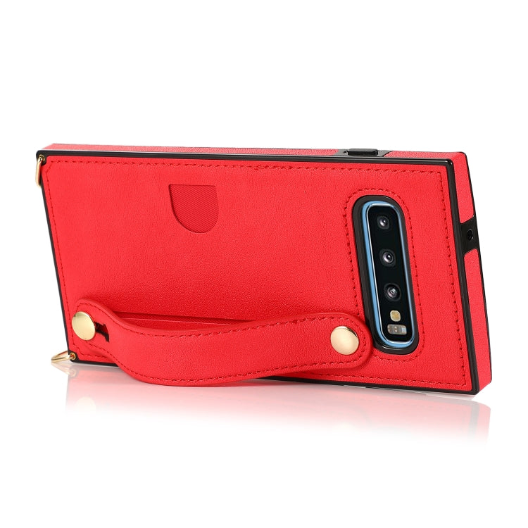 For Samsung Galaxy S10e Wrist Strap PU+TPU Shockproof Protective Case with Crossbody Lanyard & Holder & Card Slot