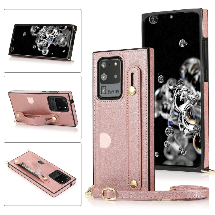 For Samsung Galaxy S20 Ultra Wrist Strap PU+TPU Shockproof Protective Case with Crossbody Lanyard & Holder & Card Slot