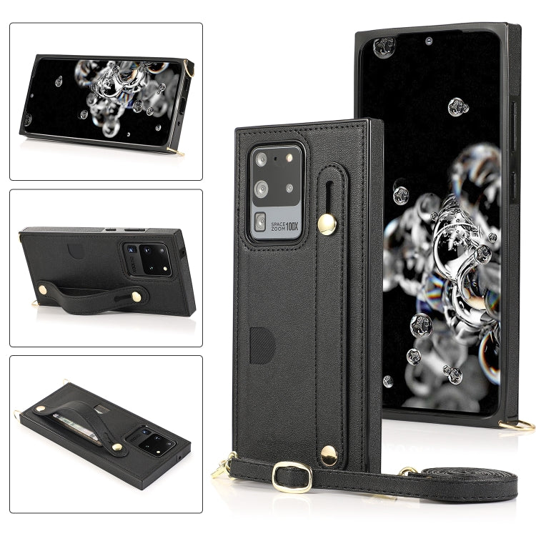 For Samsung Galaxy S20 Ultra Wrist Strap PU+TPU Shockproof Protective Case with Crossbody Lanyard & Holder & Card Slot