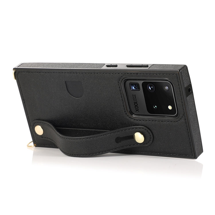 For Samsung Galaxy S20 Ultra Wrist Strap PU+TPU Shockproof Protective Case with Crossbody Lanyard & Holder & Card Slot