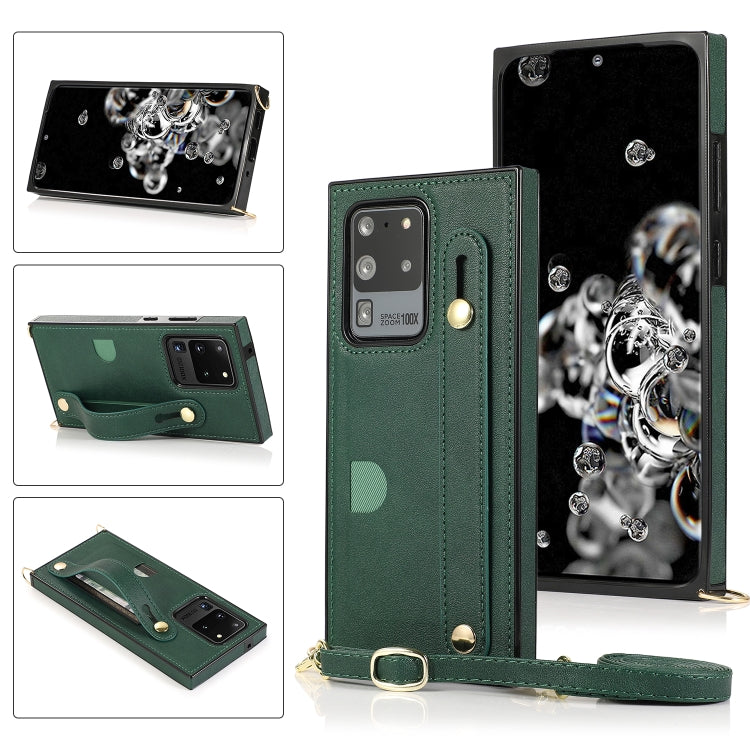 For Samsung Galaxy S20 Ultra Wrist Strap PU+TPU Shockproof Protective Case with Crossbody Lanyard & Holder & Card Slot
