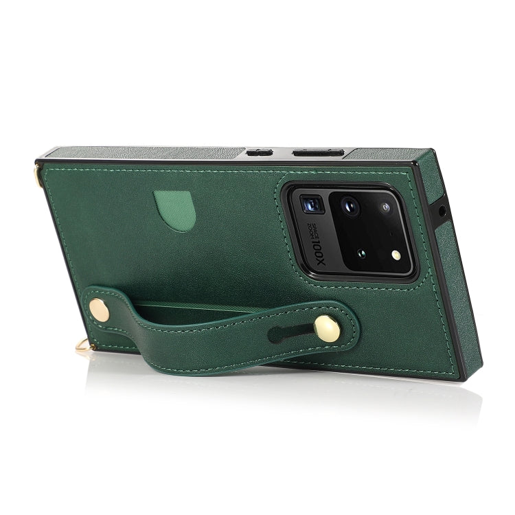 For Samsung Galaxy S20 Ultra Wrist Strap PU+TPU Shockproof Protective Case with Crossbody Lanyard & Holder & Card Slot