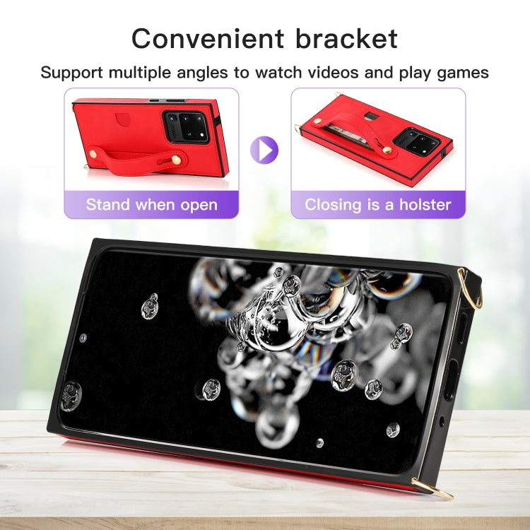 For Samsung Galaxy S20 Ultra Wrist Strap PU+TPU Shockproof Protective Case with Crossbody Lanyard & Holder & Card Slot
