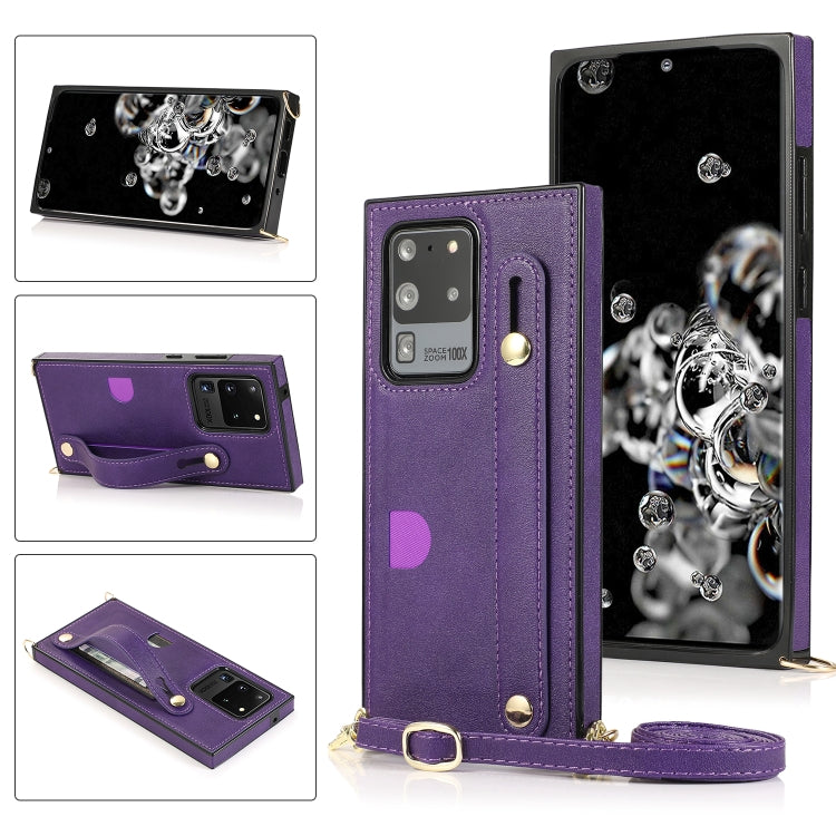 For Samsung Galaxy S20 Ultra Wrist Strap PU+TPU Shockproof Protective Case with Crossbody Lanyard & Holder & Card Slot