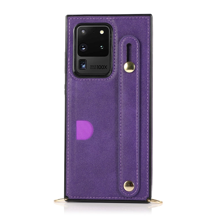 For Samsung Galaxy S20 Ultra Wrist Strap PU+TPU Shockproof Protective Case with Crossbody Lanyard & Holder & Card Slot
