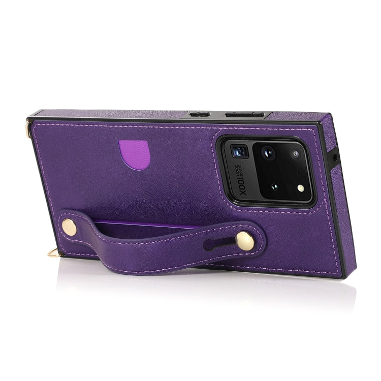 For Samsung Galaxy S20 Ultra Wrist Strap PU+TPU Shockproof Protective Case with Crossbody Lanyard & Holder & Card Slot