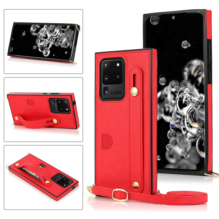 For Samsung Galaxy S20 Ultra Wrist Strap PU+TPU Shockproof Protective Case with Crossbody Lanyard & Holder & Card Slot
