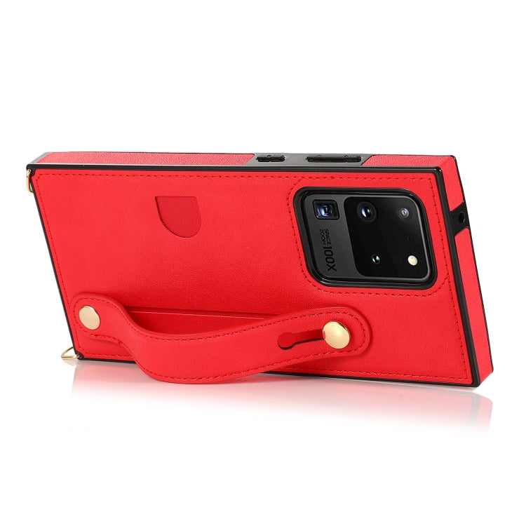 For Samsung Galaxy S20 Ultra Wrist Strap PU+TPU Shockproof Protective Case with Crossbody Lanyard & Holder & Card Slot