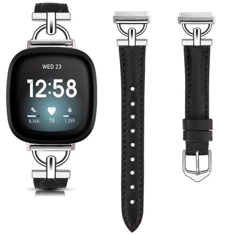 For Fitbit Versa 3 / 4 / Sense 2 D Metal Genuine Leather Watch Band