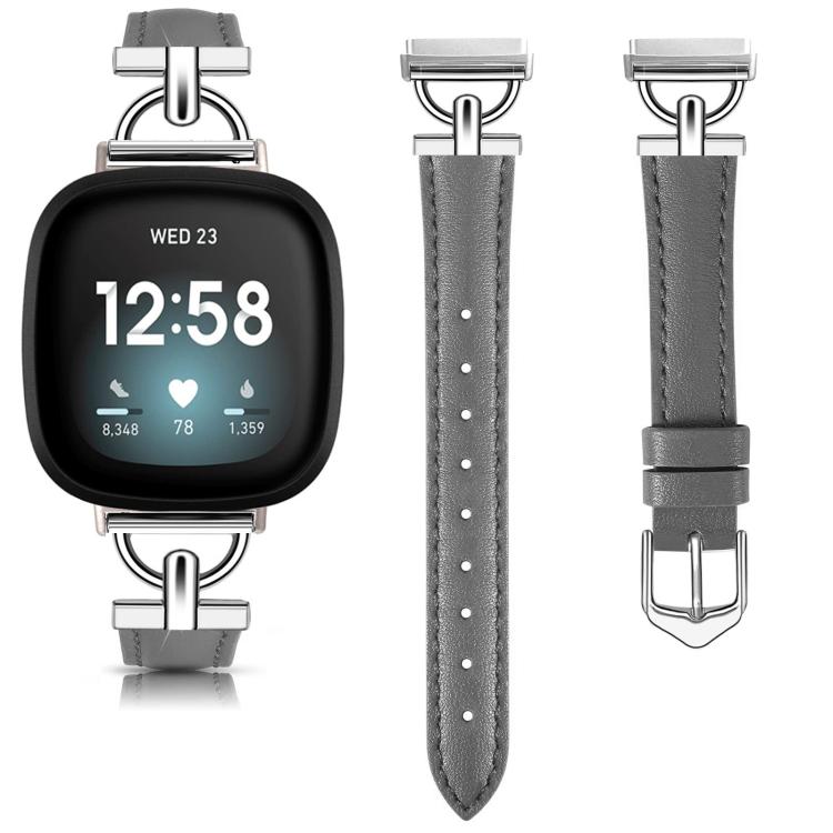 For Fitbit Versa 3 / 4 / Sense 2 D Metal Genuine Leather Watch Band