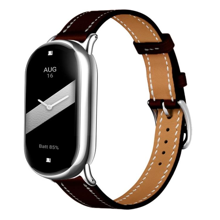 For Xiaomi Smart Band 10 / 9 / 8 Slim Silver Buckle Leather Watch Band