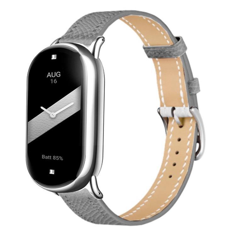 For Xiaomi Smart Band 10 / 9 / 8 Slim Silver Buckle Leather Watch Band
