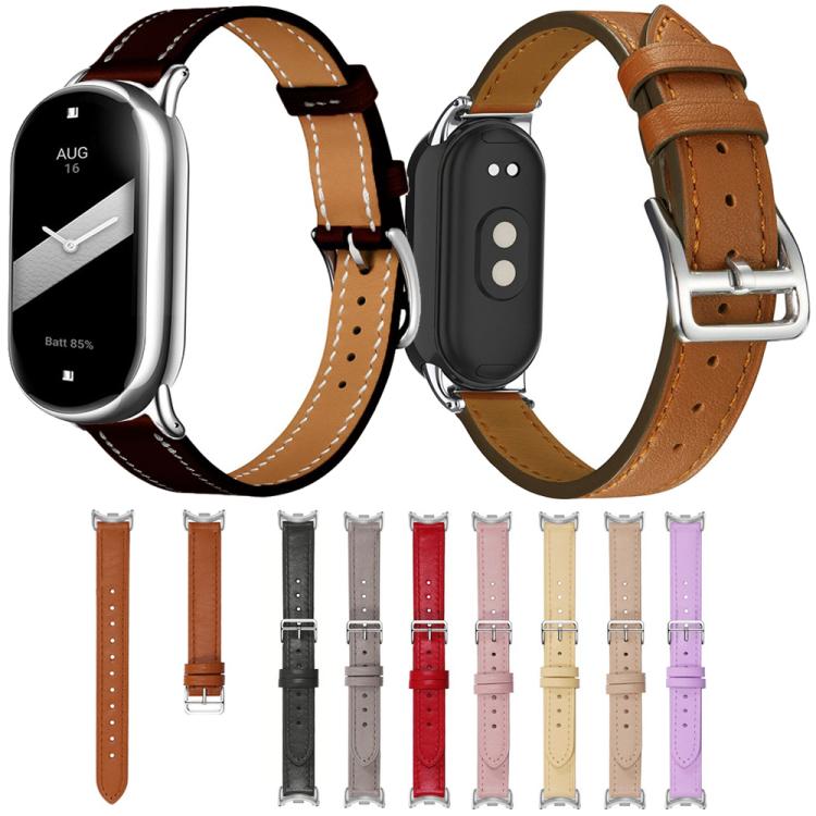 For Xiaomi Smart Band 10 / 9 / 8 Slim Silver Buckle Leather Watch Band