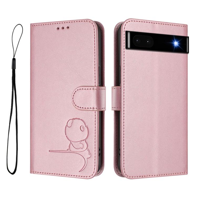 For Google Pixel 6a Litter Panda Embossing RFID Leather Phone Case with Lanyard